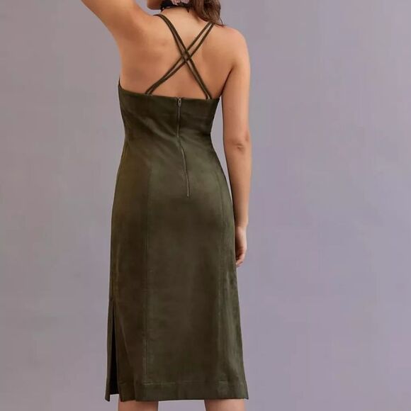 By Anthropologie Moss Green Vegan Faux Suede Sleeveless Midi Dress US 10 - Picture 3 of 12
